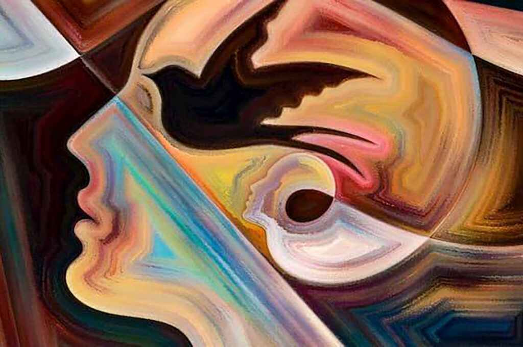 Pintura al óleo con una paloma dentro de la cabeza de una persona